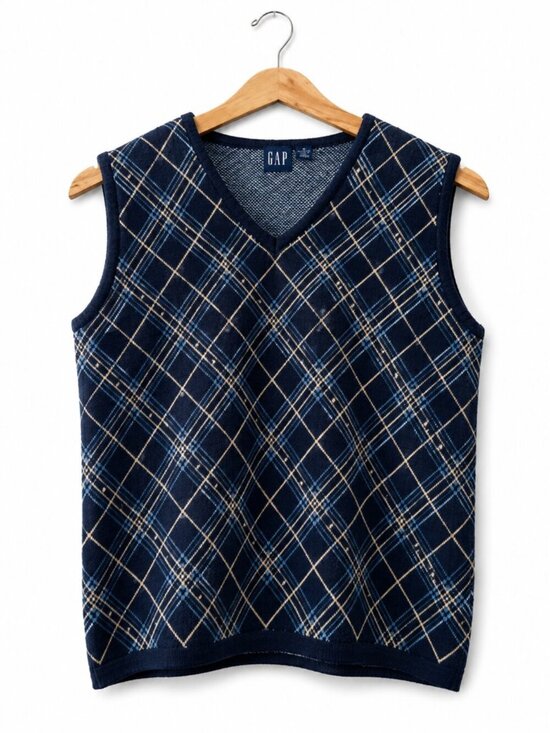 GAP Sweaters - Gap Navy Blue Plaid 100% Cotton V-Neck Sleeveless Sweater Vest Preppy Layering S